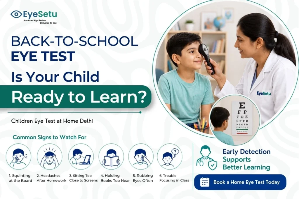Home eye test for children in Delhi NCR by AIIMS-trained doctors – vision screening for myopia, squint and lazy eye with same-day results.
