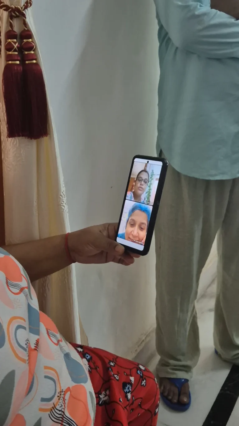 Video consultation with a doctor on a phone during a home eye test
