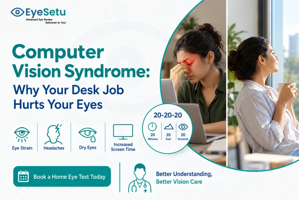 Office worker with tired eyes at a laptop next to a person resting their eyes by looking out of a window
