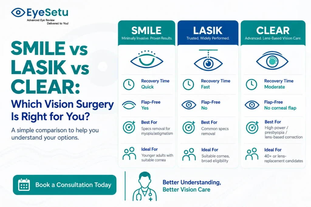 SMILE vs LASIK vs CLEAR comparison: Procedure, recovery, dry eye risk and candidacy (India)