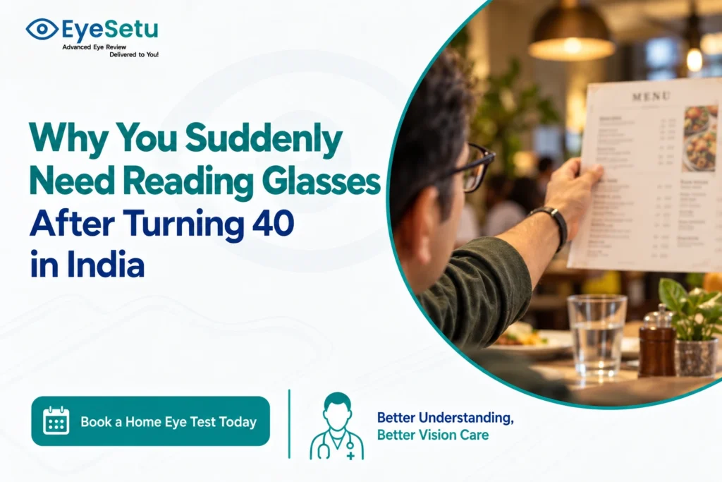 Presbyopia - Person in their forties holding a menu at arm's length to read the small print
