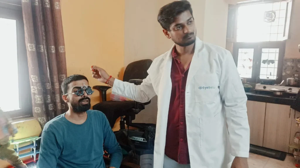 Optometrist checking glasses power with a trial frame at home